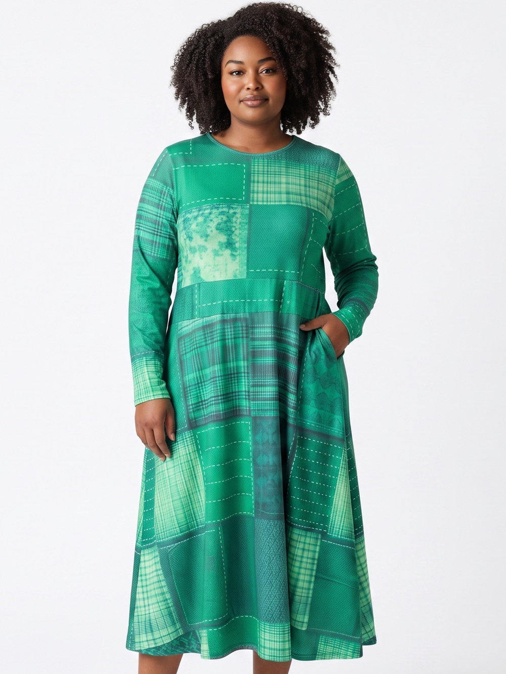 Women’s Plus Size Green Patchwork Long-Sleeve Maxi Dress Size-6XL NEW